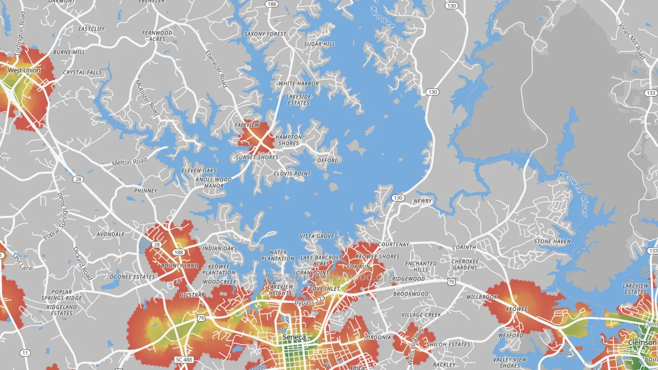 Walk Grade map of 29672, SC, walkable areas in green and car-dependent areas in red