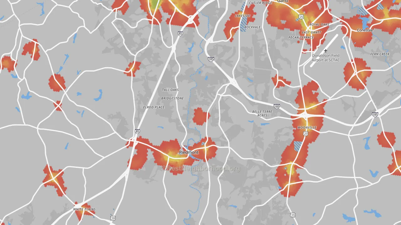 Walk Grade map of 29673, SC, walkable areas in green and car-dependent areas in red