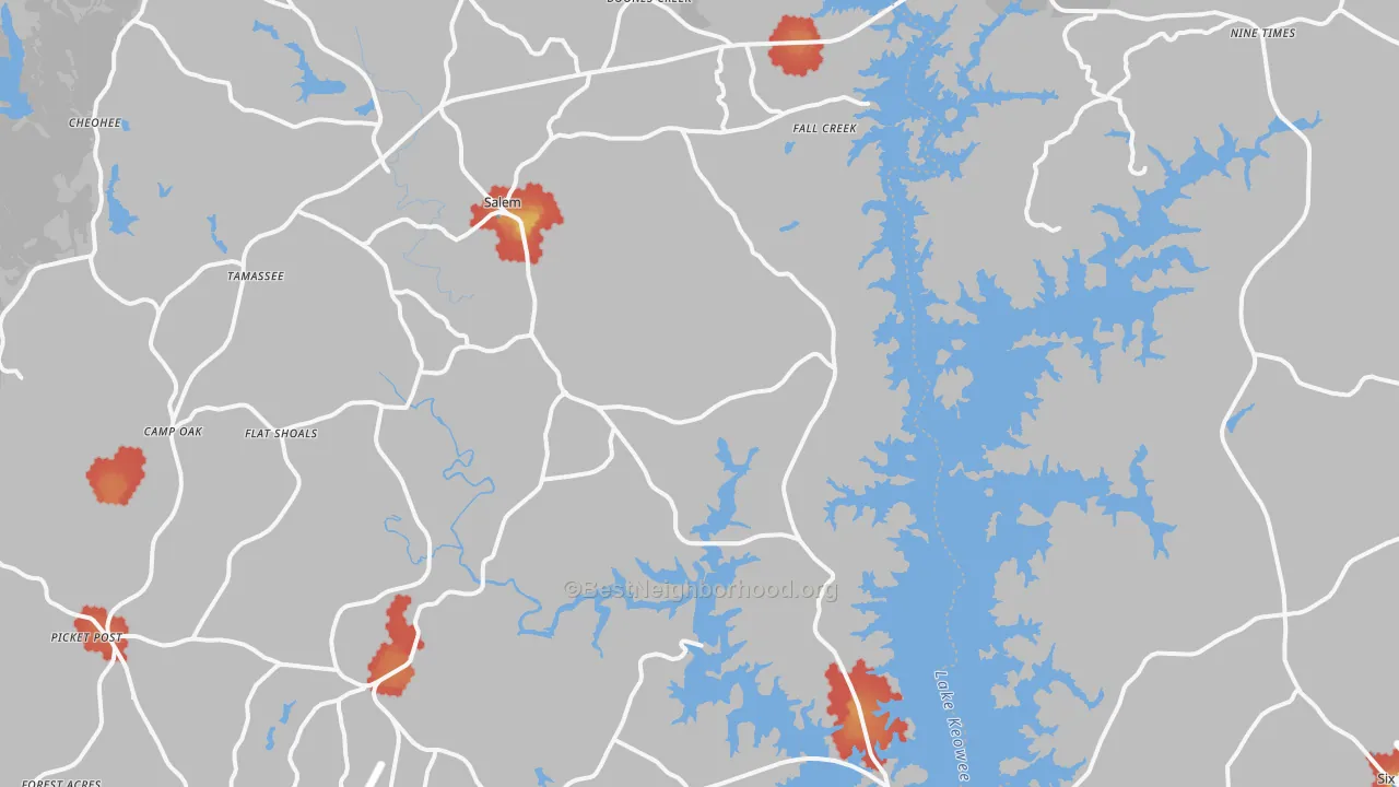 Walk Grade map of 29676, SC, walkable areas in green and car-dependent areas in red