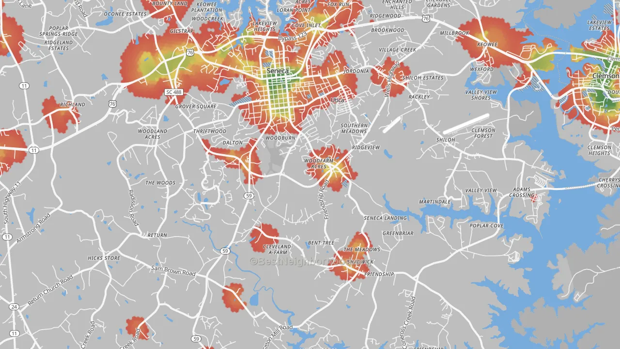 Walk Grade map of 29678, SC, walkable areas in green and car-dependent areas in red