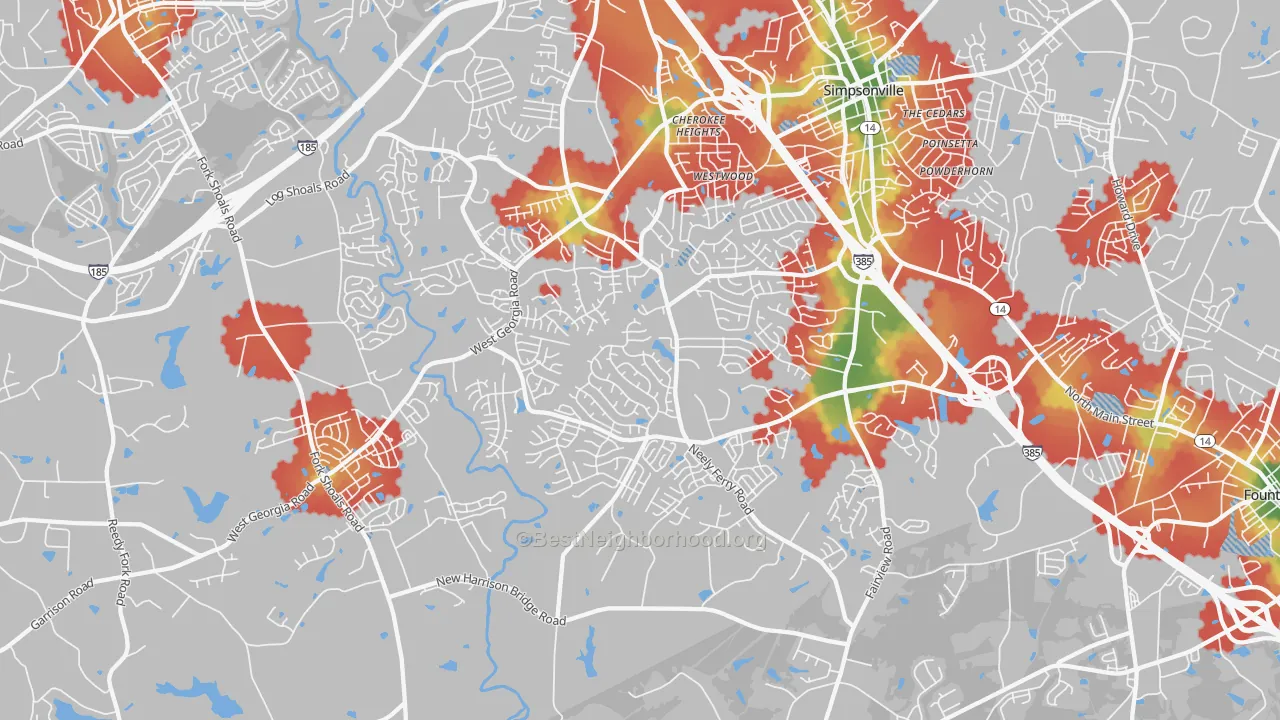 Walk Grade map of 29680, SC, walkable areas in green and car-dependent areas in red
