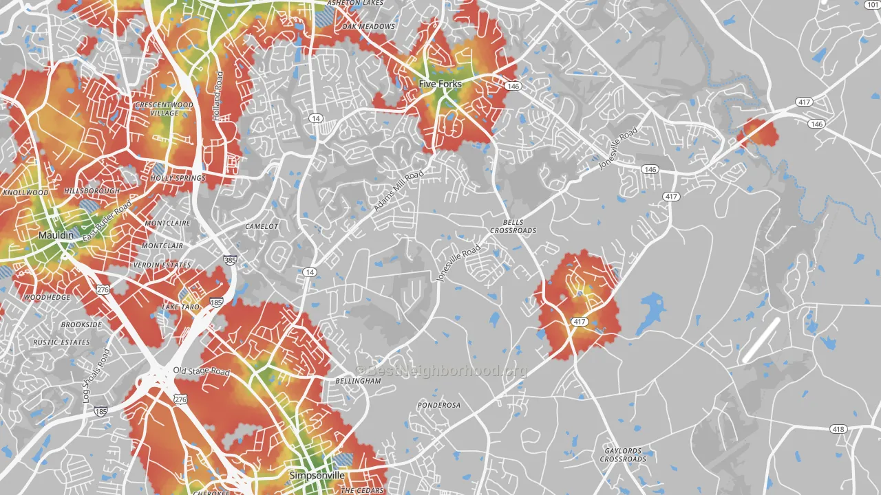 Walk Grade map of 29681, SC, walkable areas in green and car-dependent areas in red