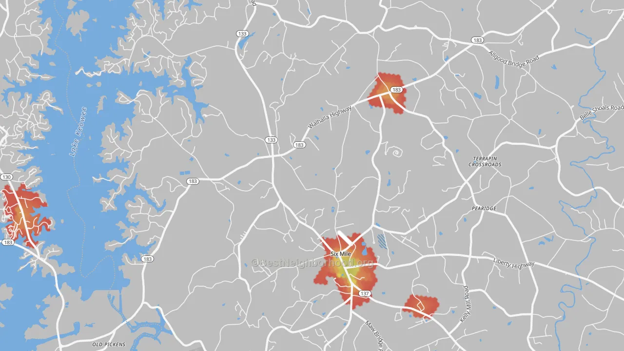 Walk Grade map of 29682, SC, walkable areas in green and car-dependent areas in red
