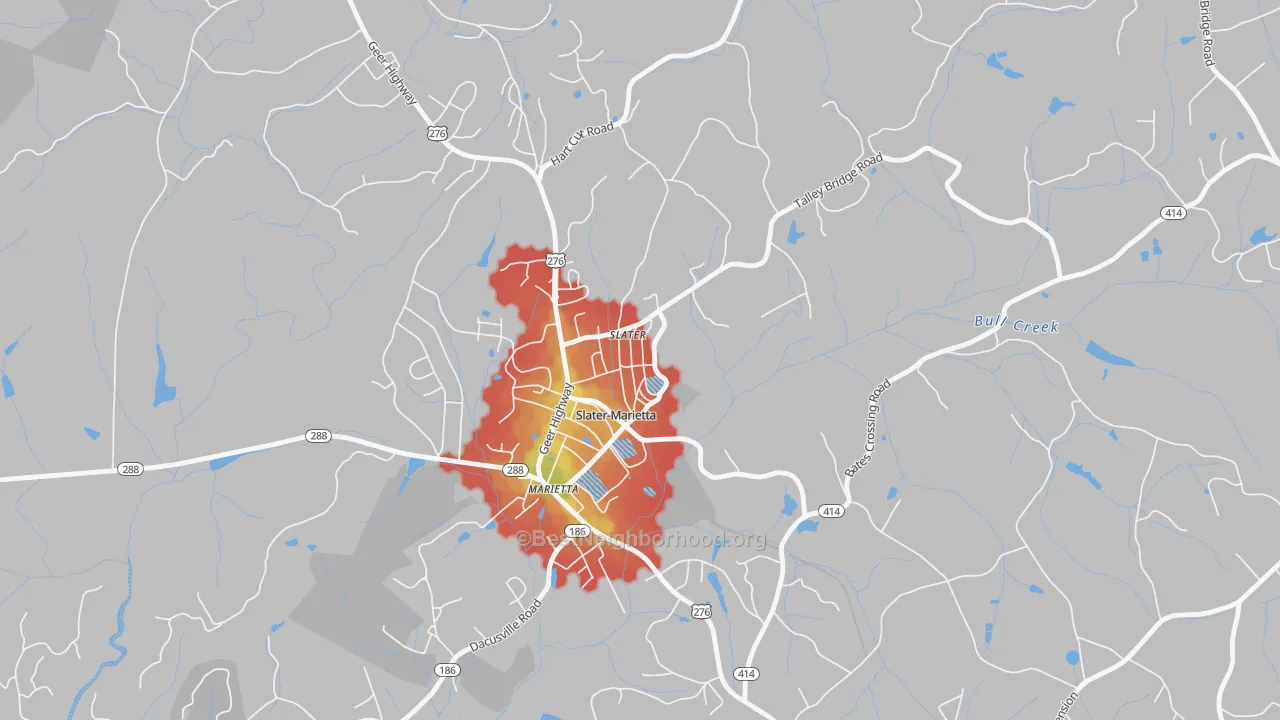 Walk Grade map of 29683, SC, walkable areas in green and car-dependent areas in red