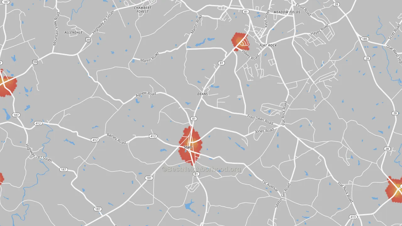 Walk Grade map of 29684, SC, walkable areas in green and car-dependent areas in red