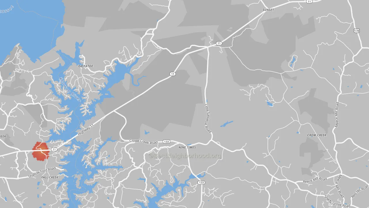 Walk Grade map of 29685, SC, walkable areas in green and car-dependent areas in red