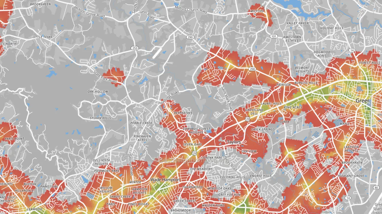 Walk Grade map of 29687, SC, walkable areas in green and car-dependent areas in red