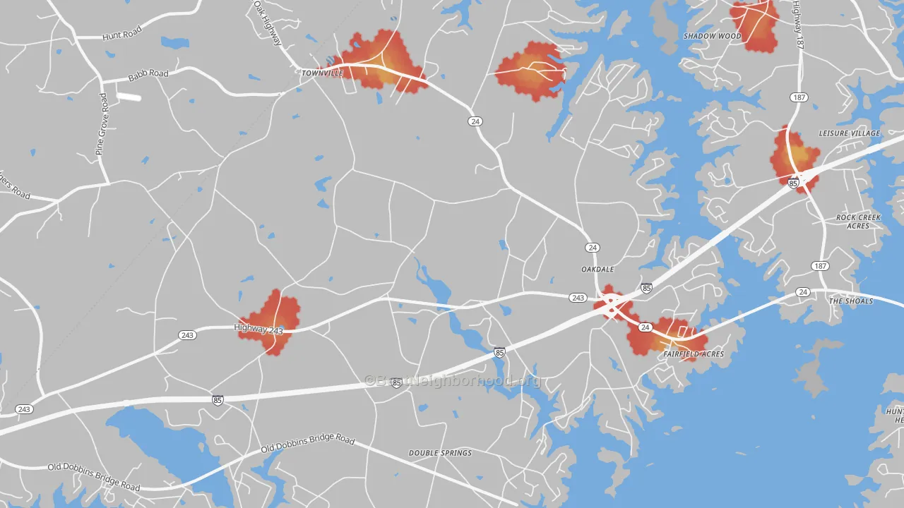 Walk Grade map of 29689, SC, walkable areas in green and car-dependent areas in red
