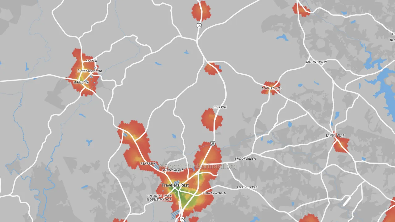 Walk Grade map of 29690, SC, walkable areas in green and car-dependent areas in red
