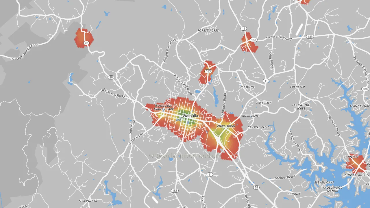 Walk Grade map of 29691, SC, walkable areas in green and car-dependent areas in red
