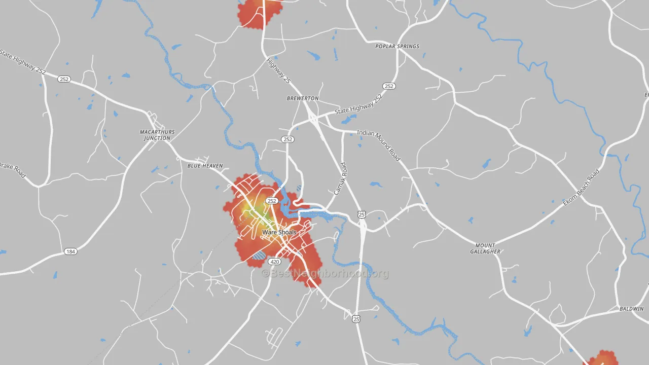 Walk Grade map of 29692, SC, walkable areas in green and car-dependent areas in red