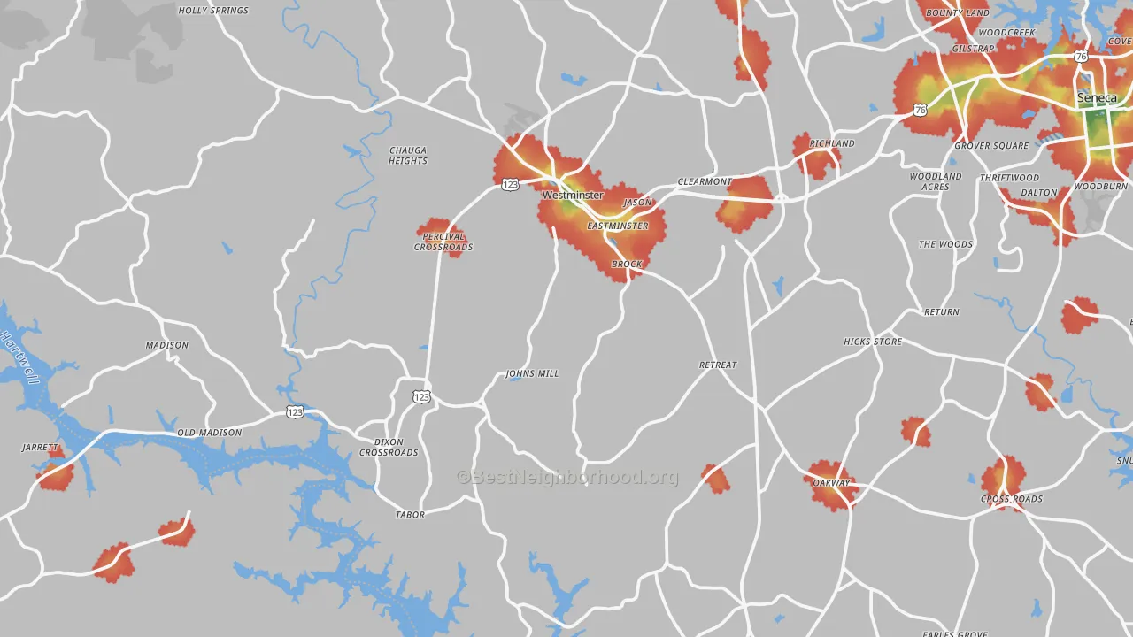 Walk Grade map of 29693, SC, walkable areas in green and car-dependent areas in red