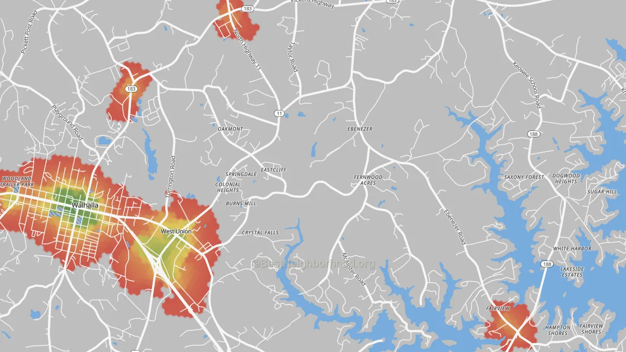 Walk Grade map of 29696, SC, walkable areas in green and car-dependent areas in red