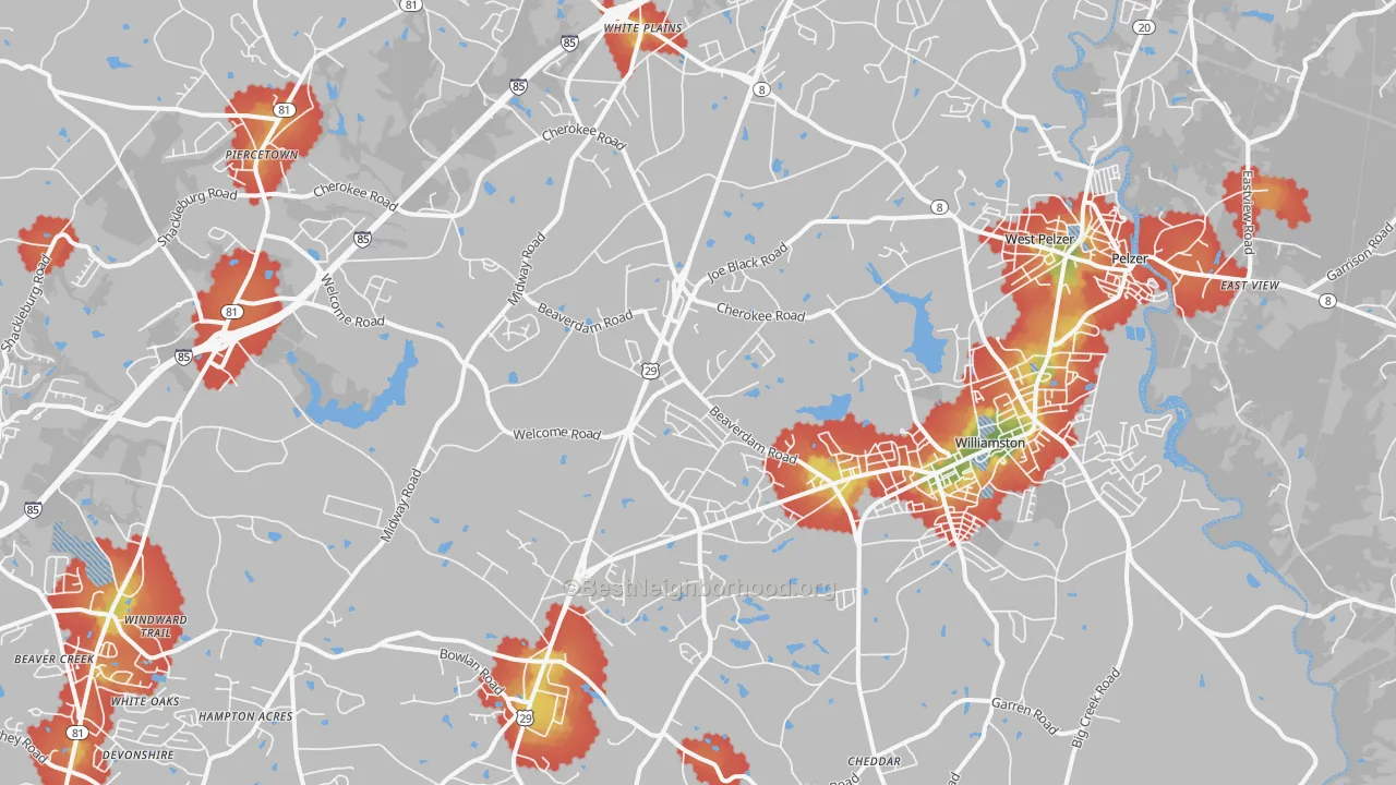 Walk Grade map of 29697, SC, walkable areas in green and car-dependent areas in red