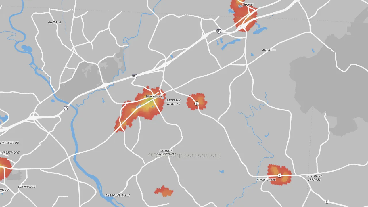 Walk Grade map of 29702, SC, walkable areas in green and car-dependent areas in red