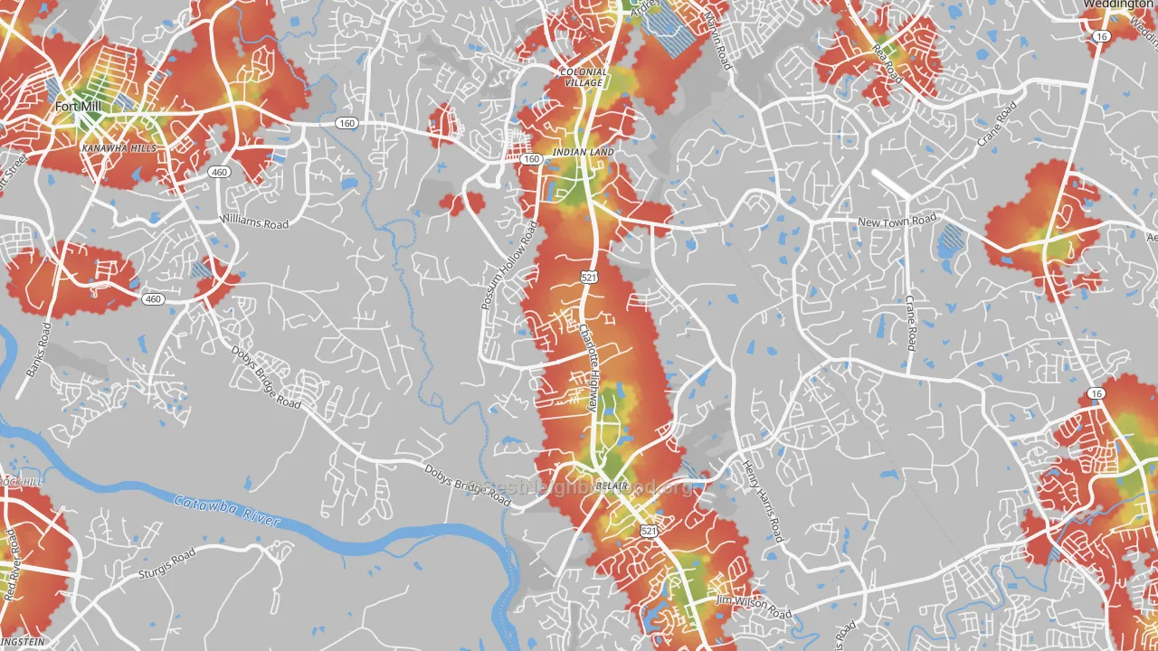 Walk Grade map of 29707, SC, walkable areas in green and car-dependent areas in red