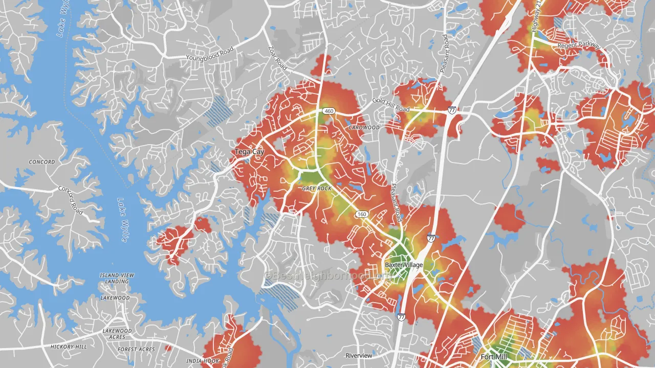 Walk Grade map of 29708, SC, walkable areas in green and car-dependent areas in red