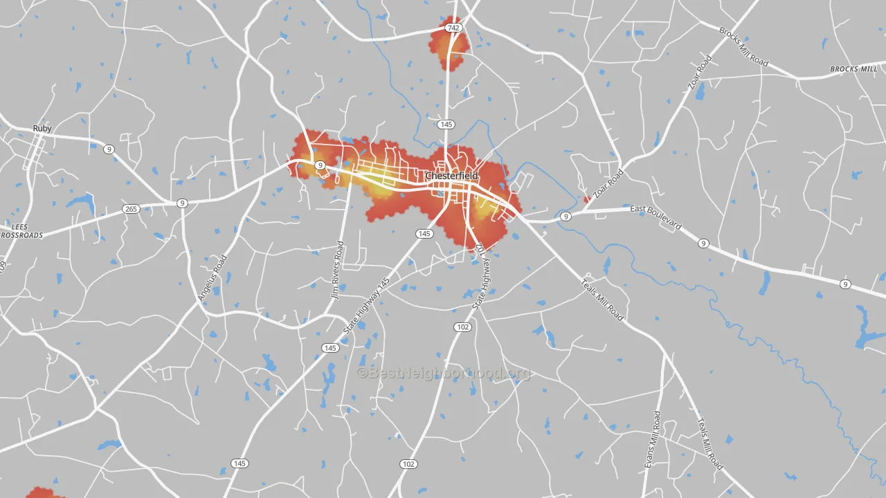 Walk Grade map of 29709, SC, walkable areas in green and car-dependent areas in red