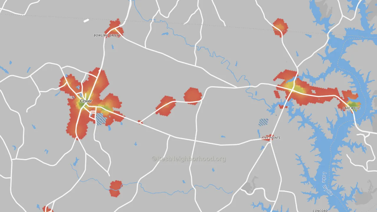 Walk Grade map of 29710, SC, walkable areas in green and car-dependent areas in red
