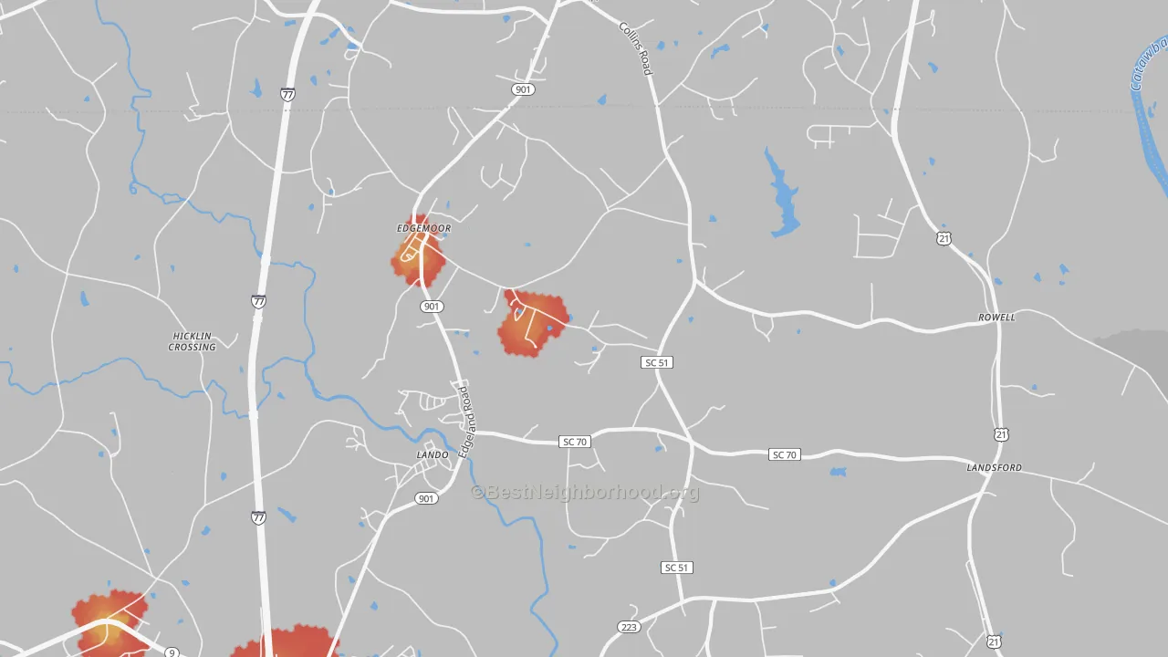 Walk Grade map of 29712, SC, walkable areas in green and car-dependent areas in red