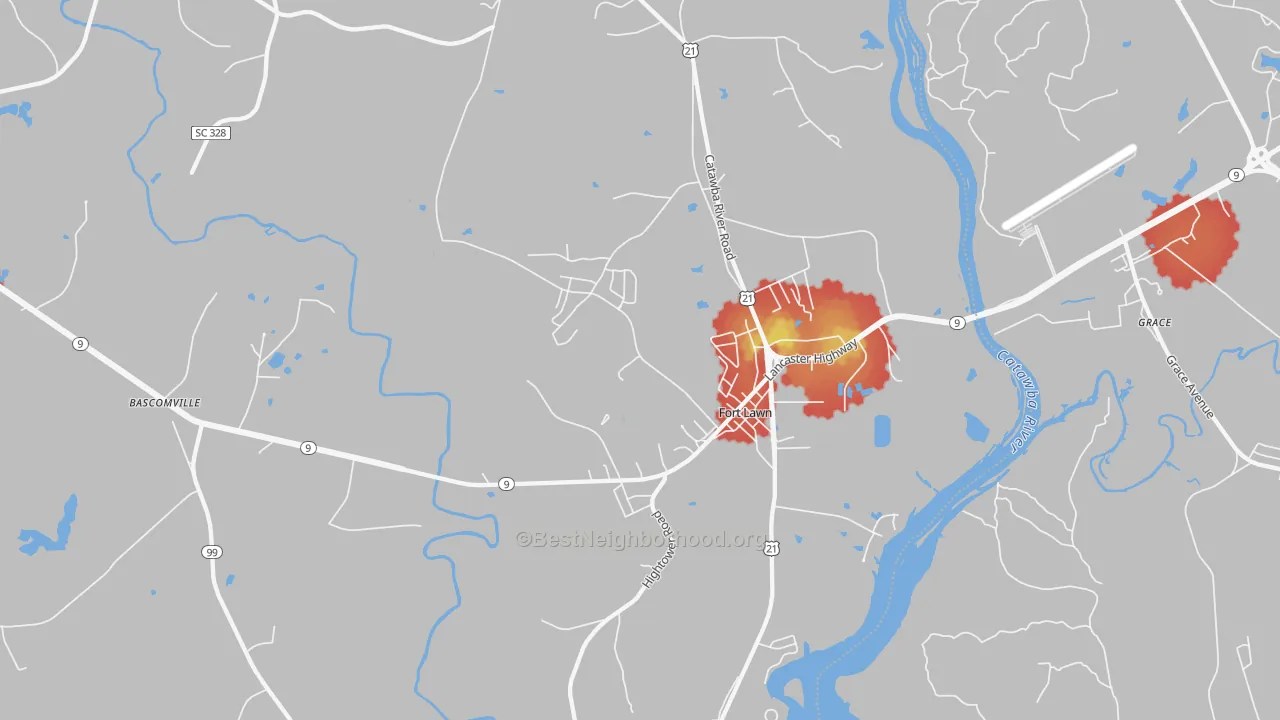Walk Grade map of 29714, SC, walkable areas in green and car-dependent areas in red