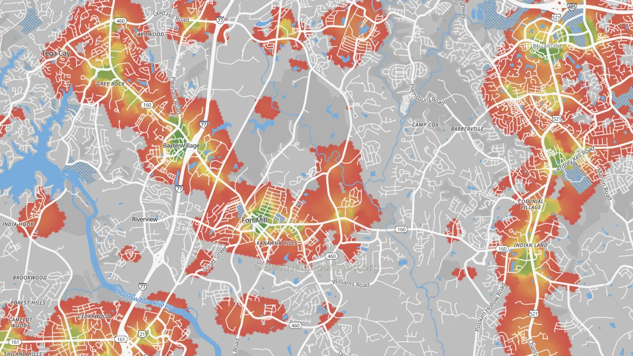 Walk Grade map of 29715, SC, walkable areas in green and car-dependent areas in red