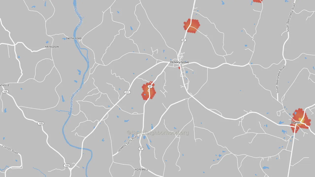 Walk Grade map of 29717, SC, walkable areas in green and car-dependent areas in red