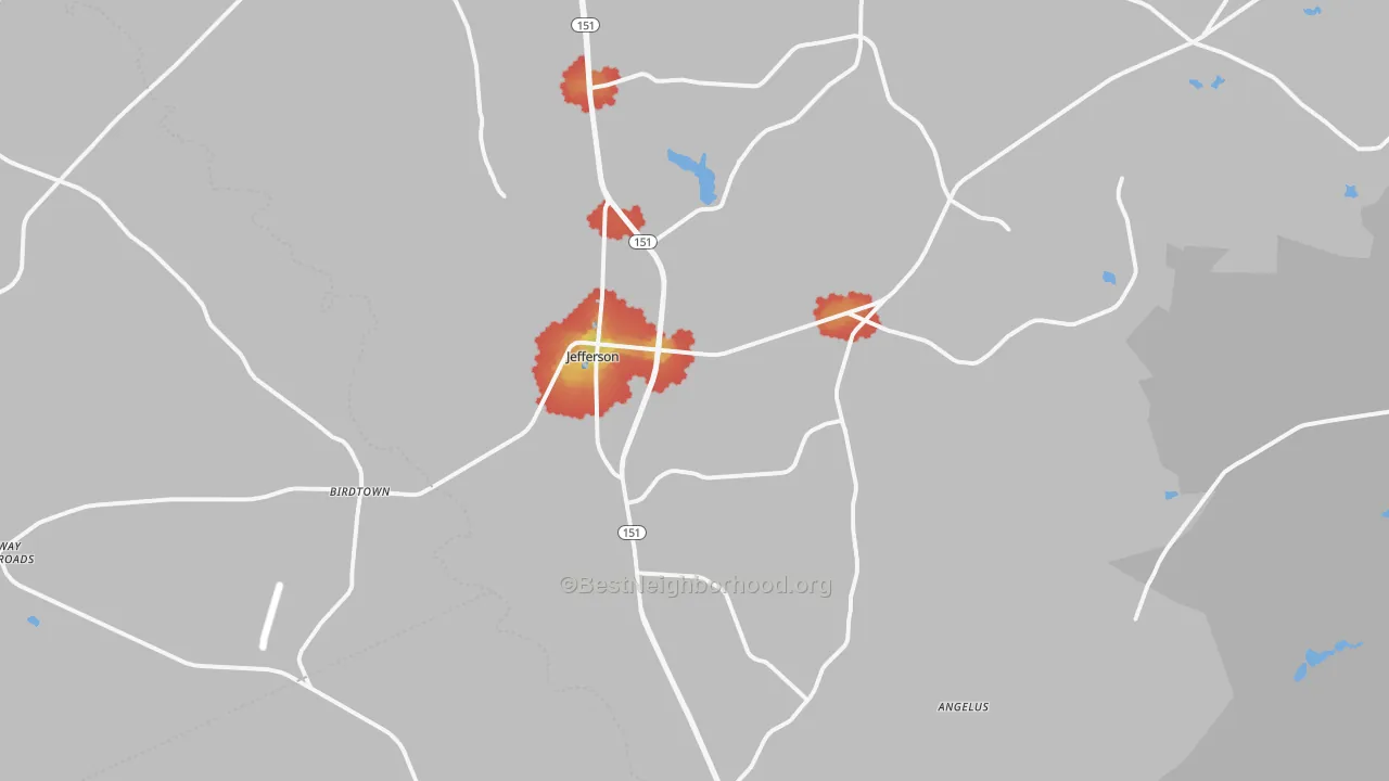 Walk Grade map of 29718, SC, walkable areas in green and car-dependent areas in red