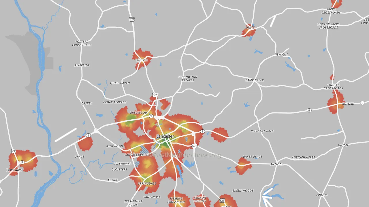 Walk Grade map of 29720, SC, walkable areas in green and car-dependent areas in red