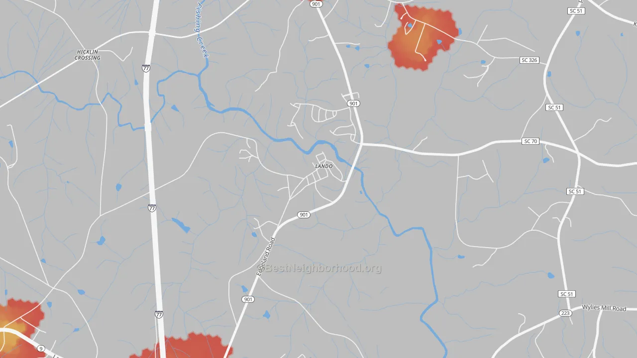 Walk Grade map of 29724, SC, walkable areas in green and car-dependent areas in red