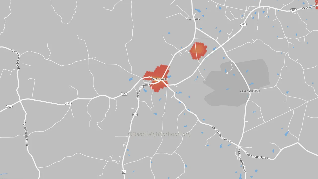 Walk Grade map of 29726, SC, walkable areas in green and car-dependent areas in red