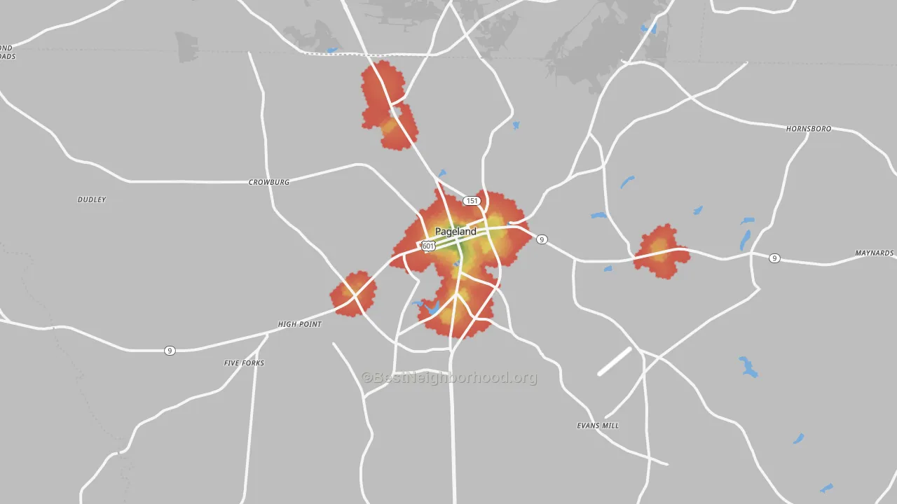 Walk Grade map of 29728, SC, walkable areas in green and car-dependent areas in red