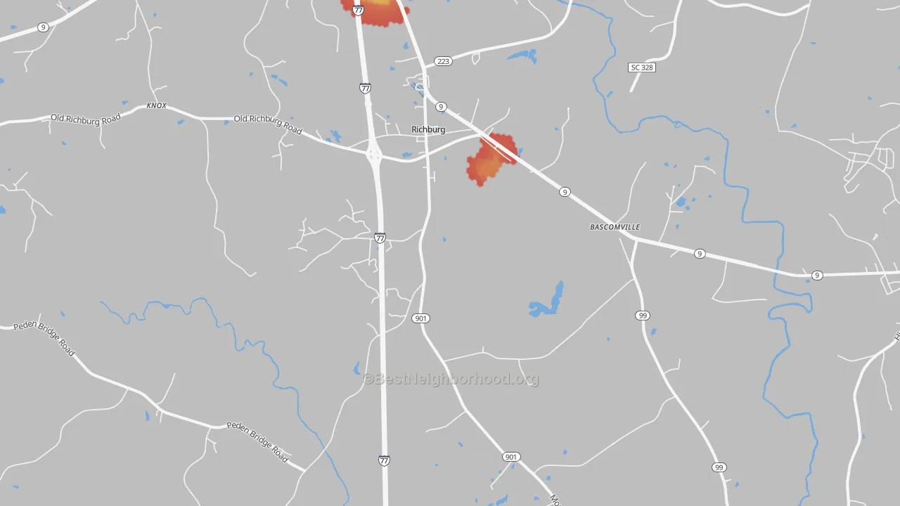Walk Grade map of 29729, SC, walkable areas in green and car-dependent areas in red