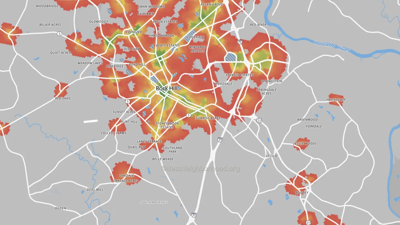 Walk Grade map of 29730, SC, walkable areas in green and car-dependent areas in red