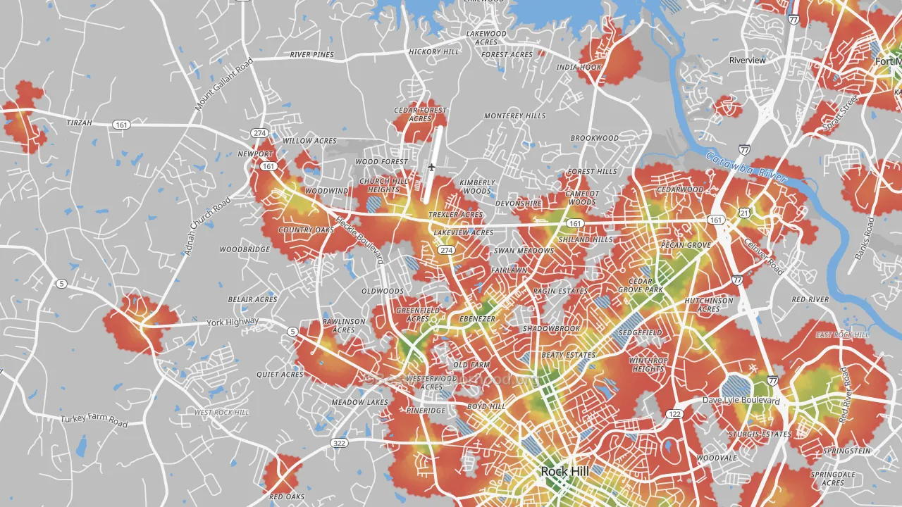 Walk Grade map of 29732, SC, walkable areas in green and car-dependent areas in red