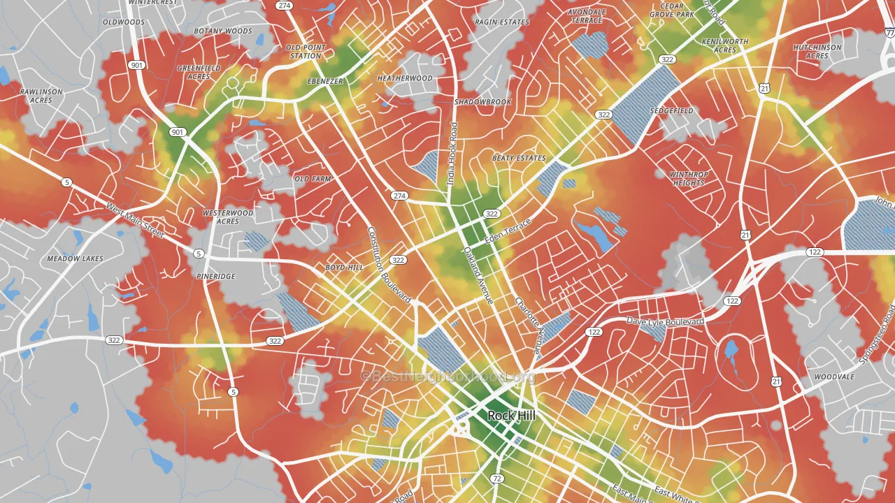 Walk Grade map of 29733, SC, walkable areas in green and car-dependent areas in red