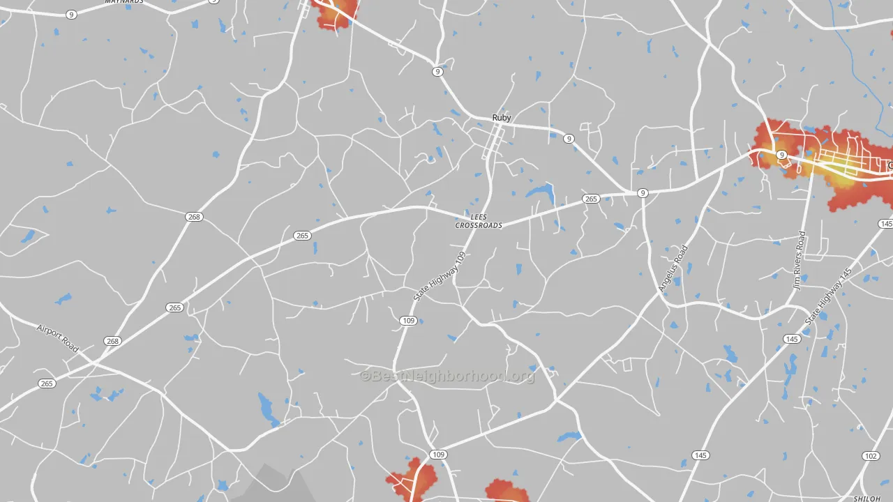 Walk Grade map of 29741, SC, walkable areas in green and car-dependent areas in red