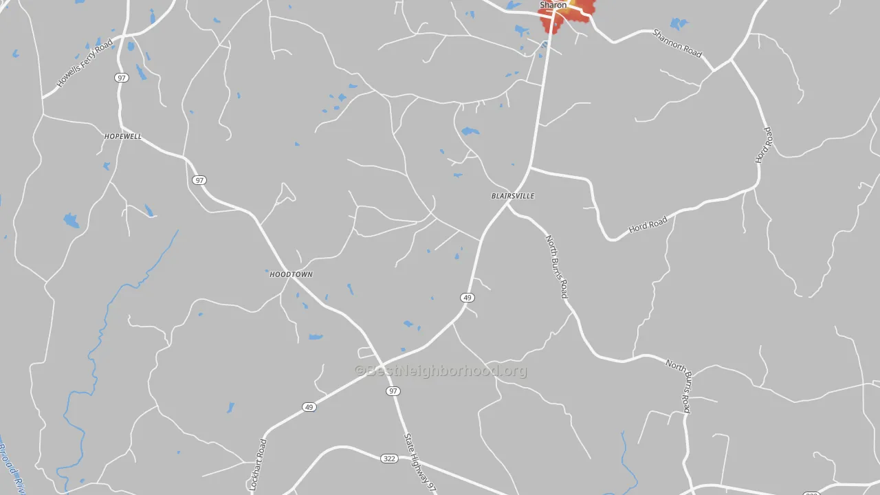Walk Grade map of 29742, SC, walkable areas in green and car-dependent areas in red