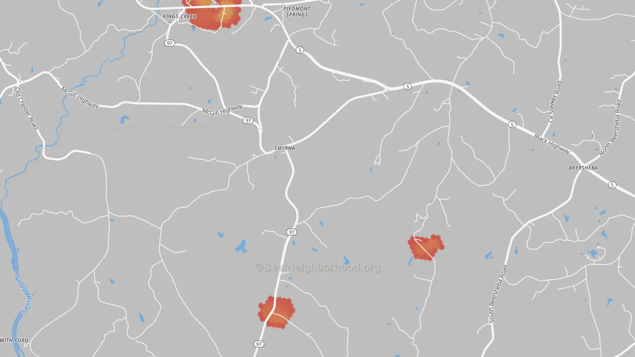 Walk Grade map of 29743, SC, walkable areas in green and car-dependent areas in red