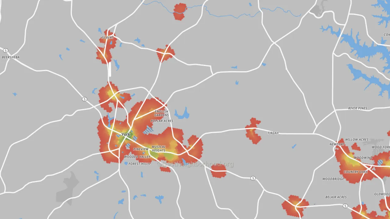 Walk Grade map of 29745, SC, walkable areas in green and car-dependent areas in red