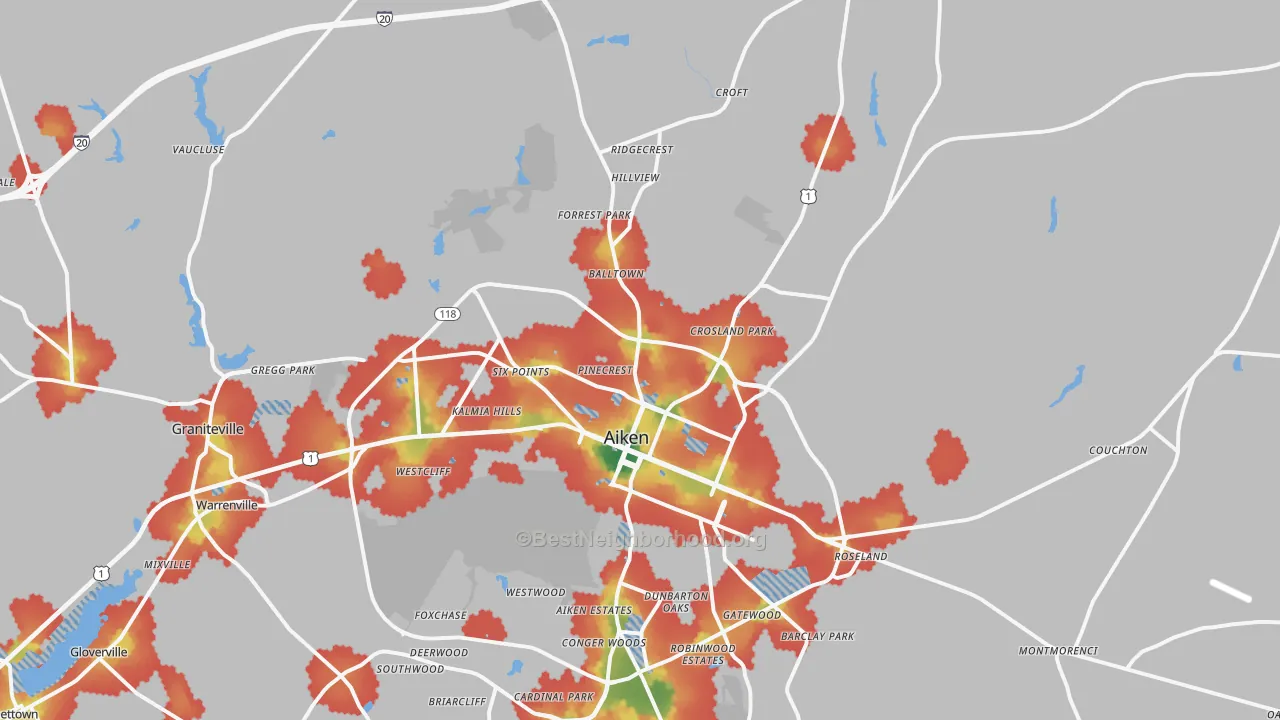 Walk Grade map of 29801, SC, walkable areas in green and car-dependent areas in red
