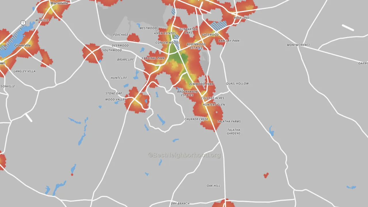 Walk Grade map of 29803, SC, walkable areas in green and car-dependent areas in red