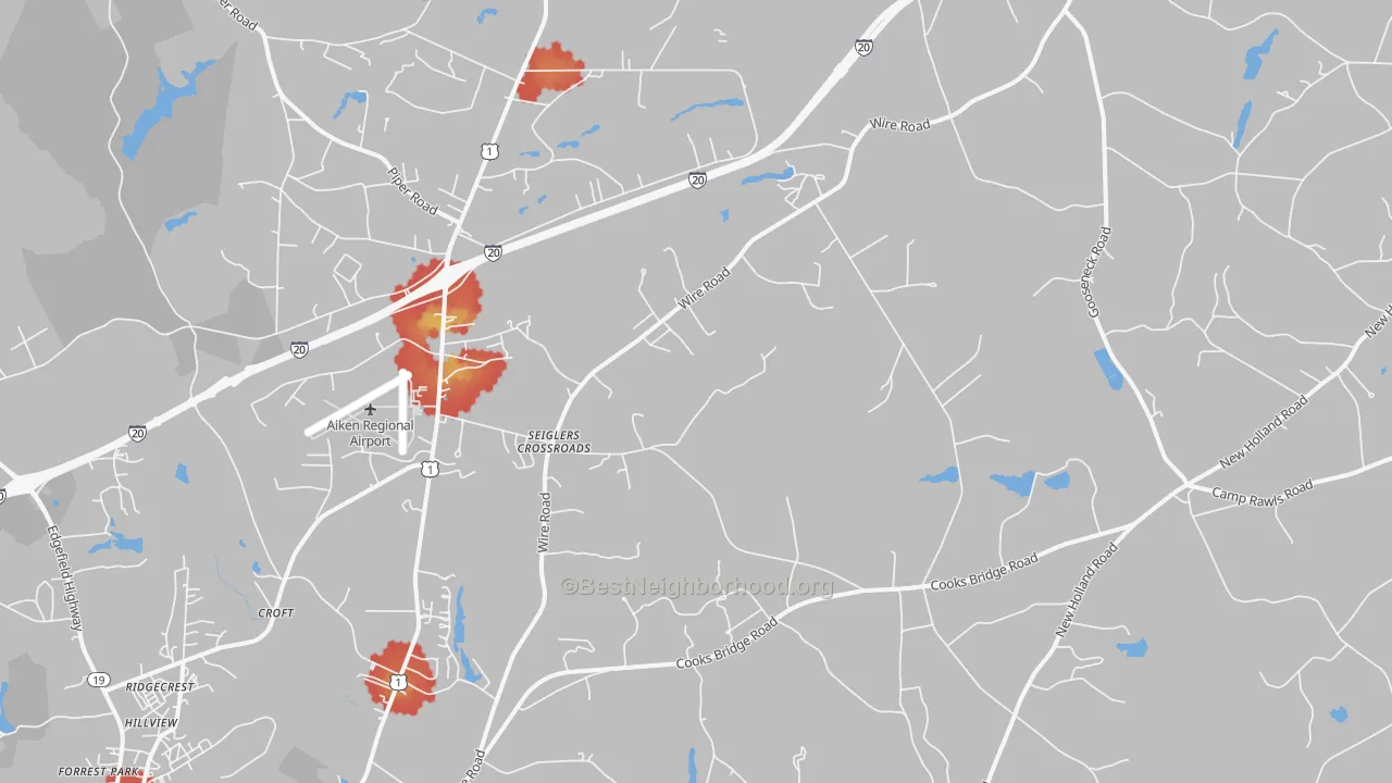 Walk Grade map of 29805, SC, walkable areas in green and car-dependent areas in red