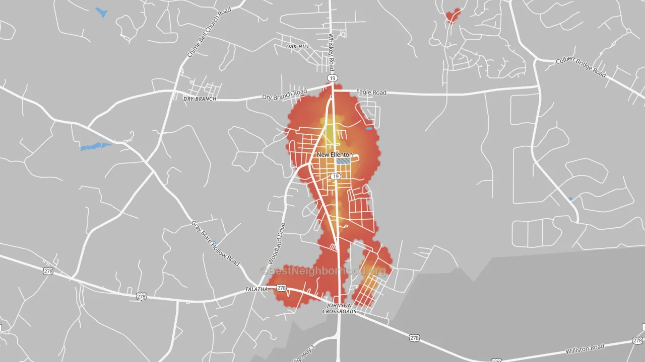 Walk Grade map of 29809, SC, walkable areas in green and car-dependent areas in red