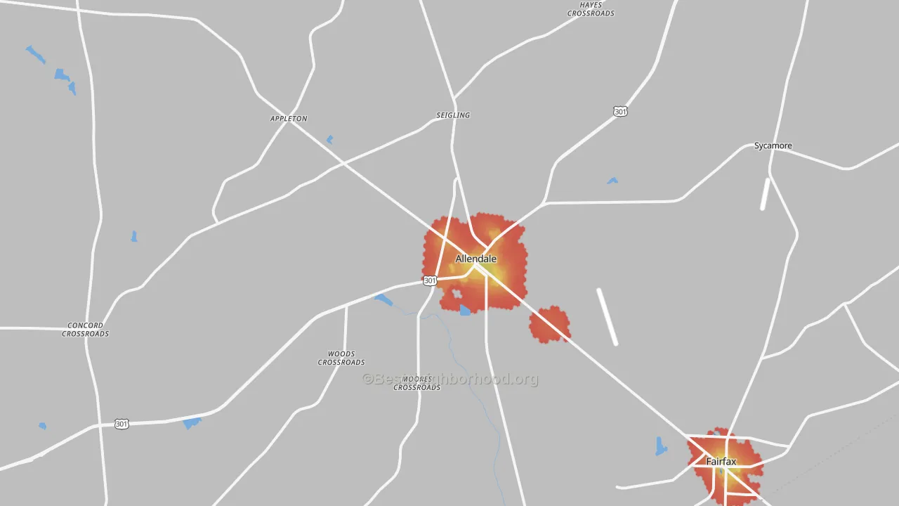 Walk Grade map of 29810, SC, walkable areas in green and car-dependent areas in red