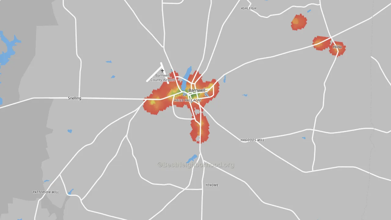 Walk Grade map of 29812, SC, walkable areas in green and car-dependent areas in red