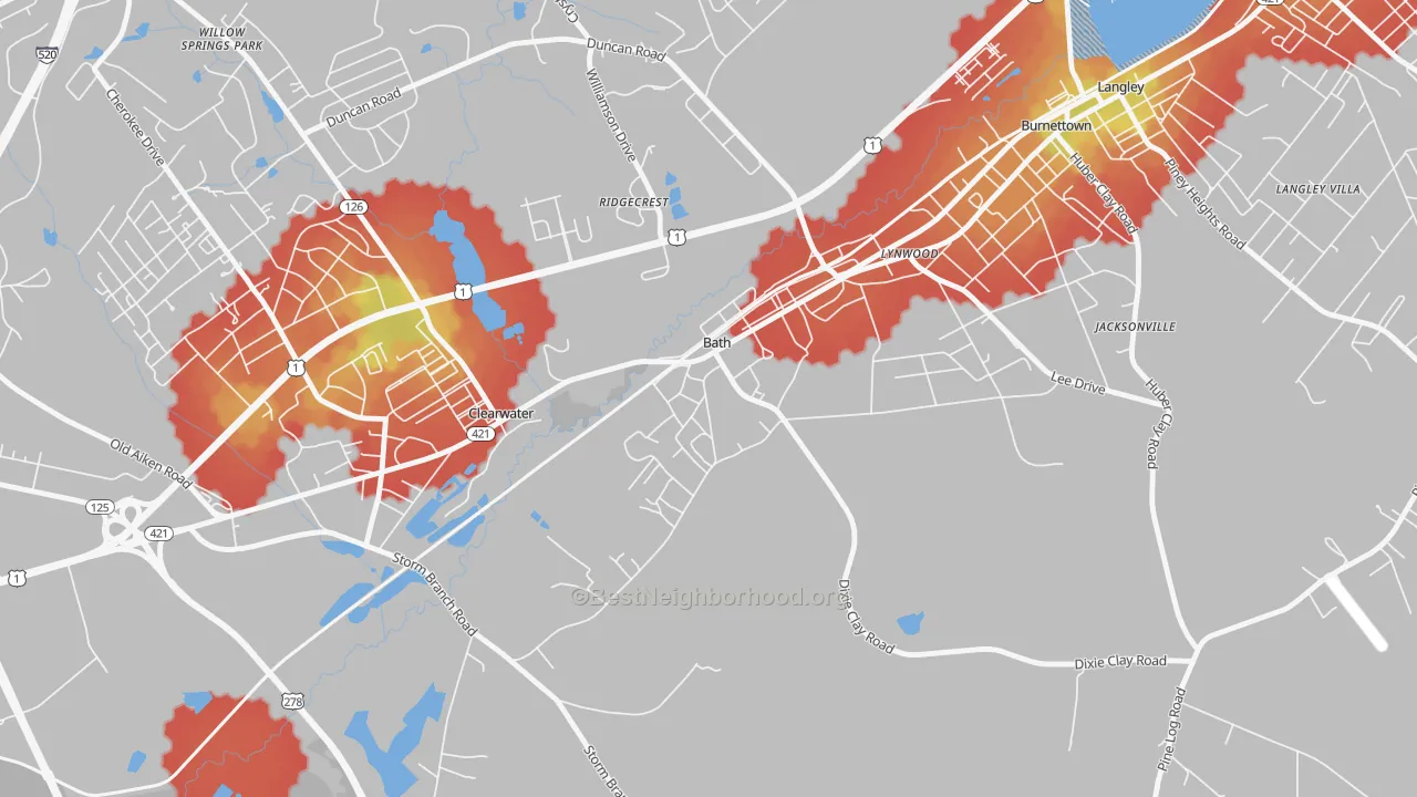 Walk Grade map of 29816, SC, walkable areas in green and car-dependent areas in red