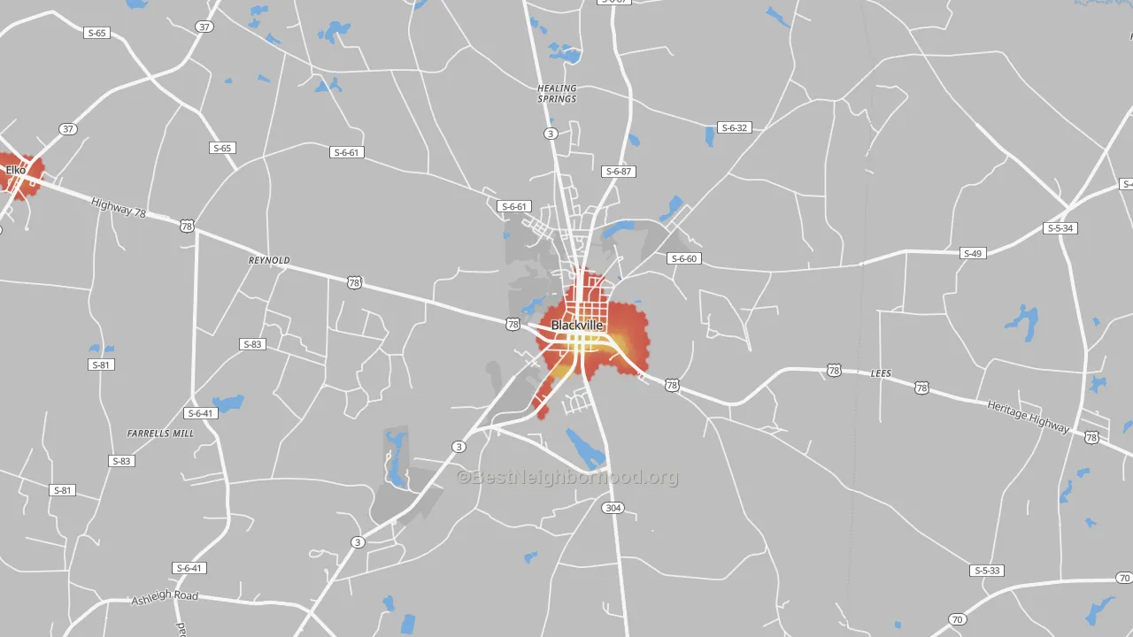 Walk Grade map of 29817, SC, walkable areas in green and car-dependent areas in red