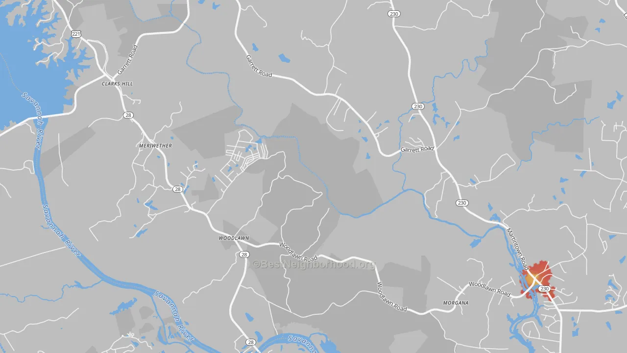 Walk Grade map of 29821, SC, walkable areas in green and car-dependent areas in red