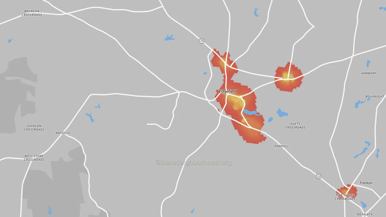 Walk Grade map of 29824, SC, walkable areas in green and car-dependent areas in red